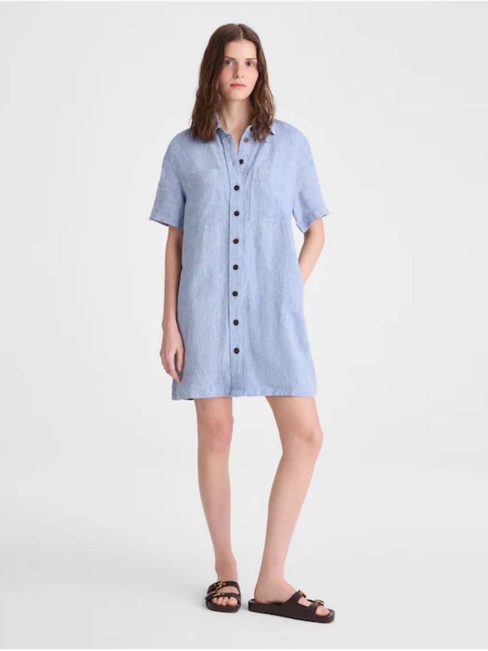 NEW Madewell Short-Sleeve Linen Button-Up Dress - Light Blue